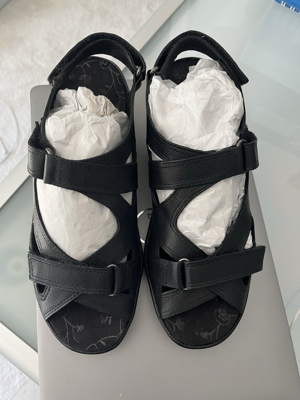 Barefoot Freedom by Drew «Lagoon» Women’s Wedge black leather Sandals 7N NEW!