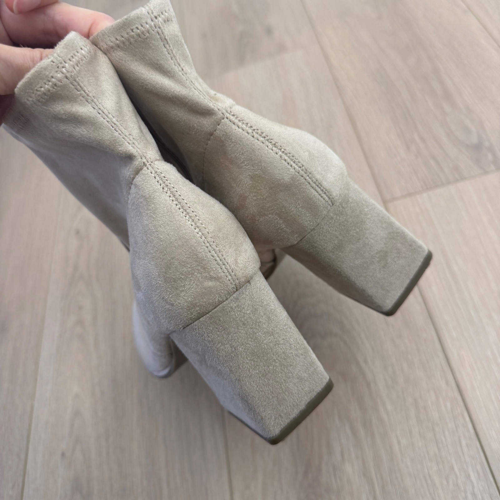 Marc Fisher Balsan Beige Suede Textile Block Heel Ankle Boots Womens 9.5M