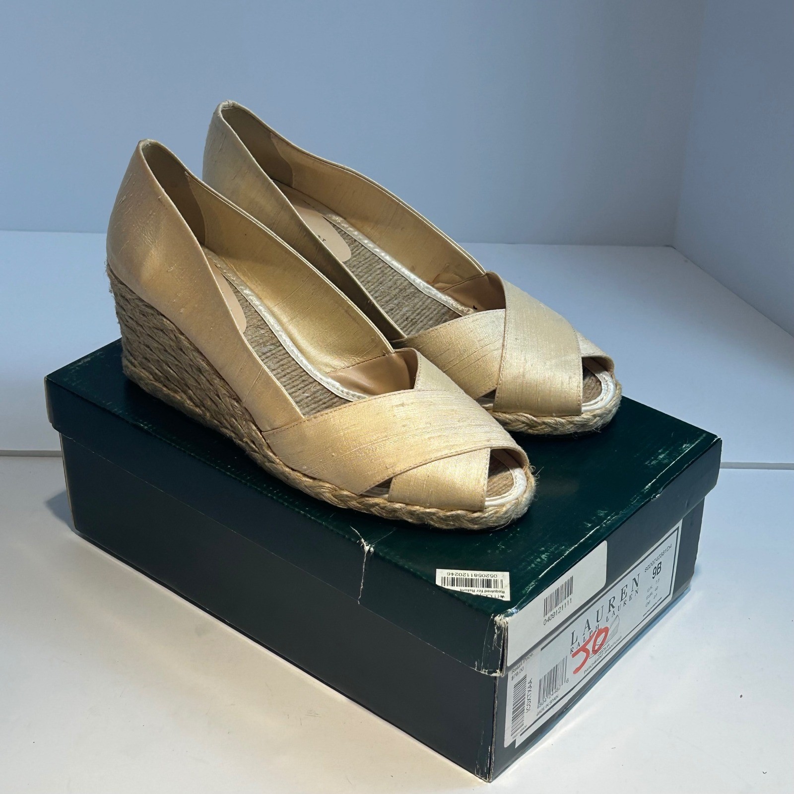 Lauren Ralph Lauren Cecilia Parchment Shantung Espadrille Wedges Gold 9B Spain