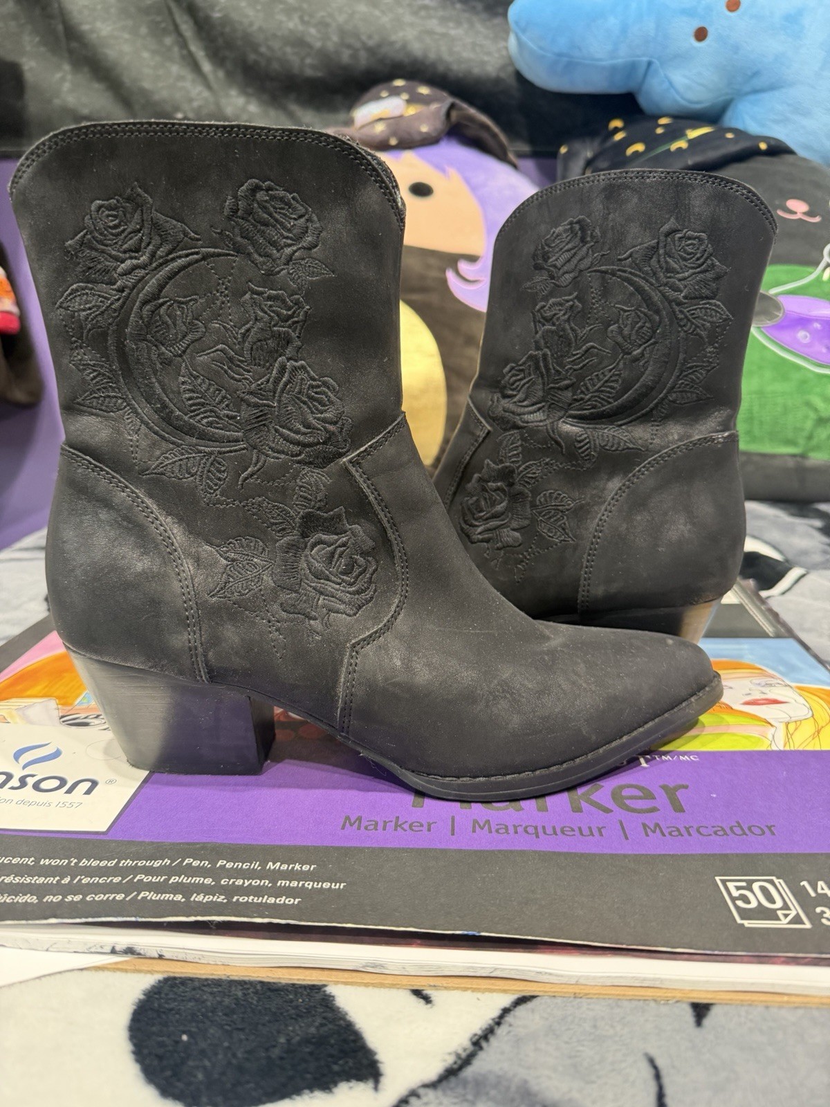 KILLSTAR Mystic Rider Black Ankle Boots Size 8 w/Moon Embroidery