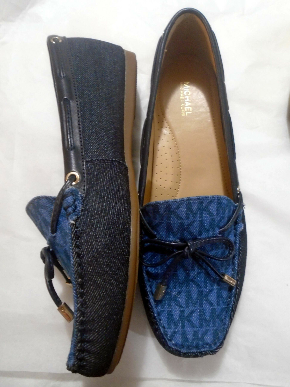 Michael Kors Lillie Brown or White MK Sutton Moc Denim or Gold Leather Flats