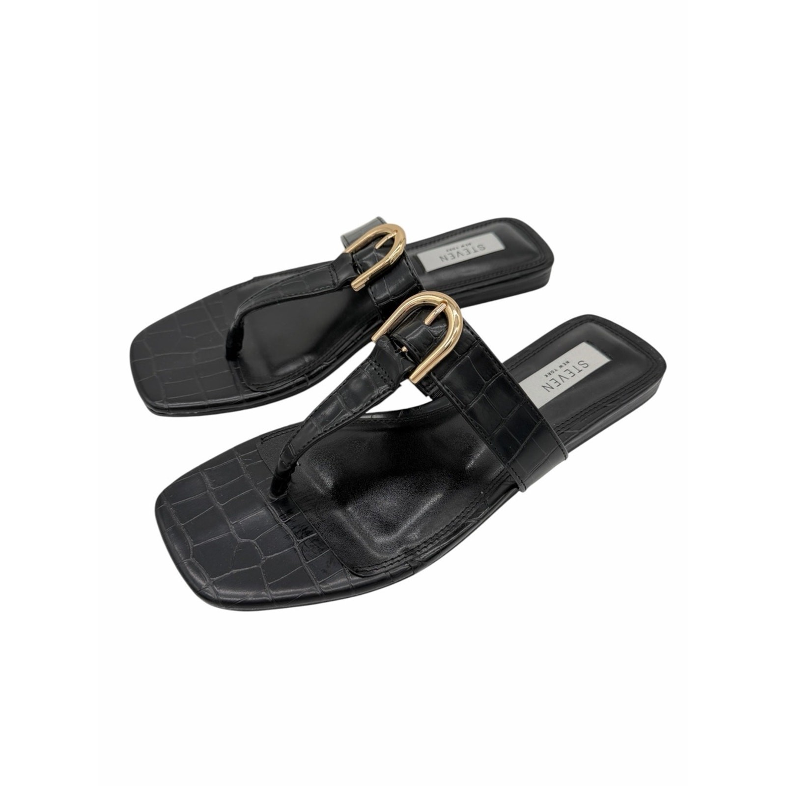 Steven New York Pava Sandals Black Croc Embossed Thong Gold NWOB – US 8
