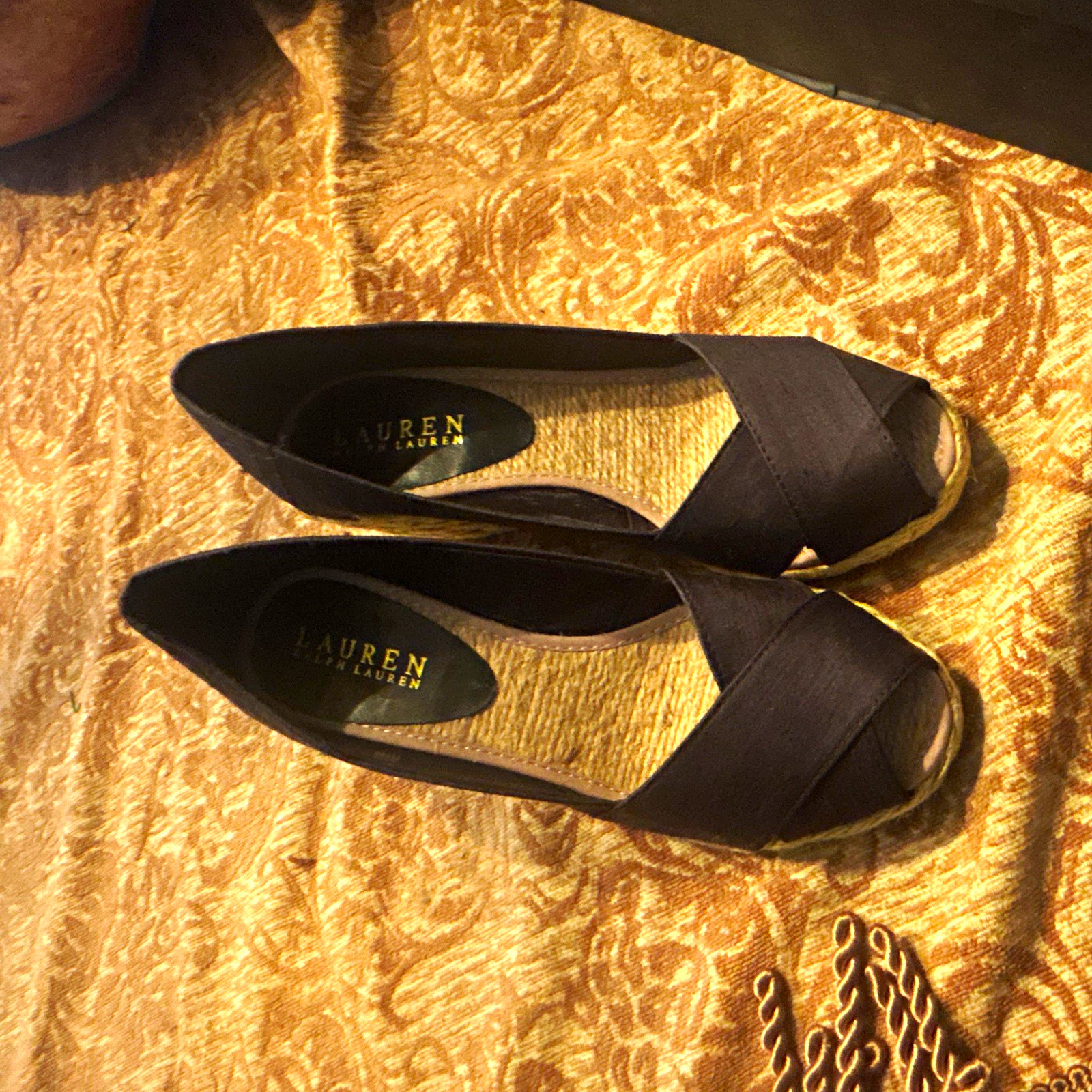 Ralph Lauren Black Leather Peep Toe Wedge Slip-On Heels 6.5B 37.5 Women’s
