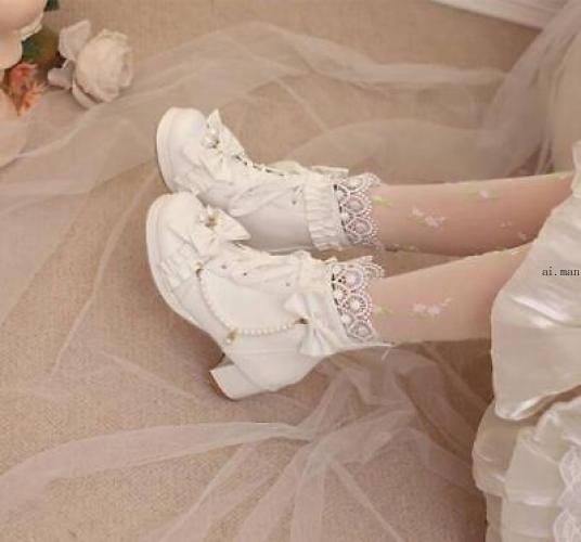 Women Bow Round Toe Block Heel Ankle Boot Lace Lolita Boot Sweety Mary Jane Shoe