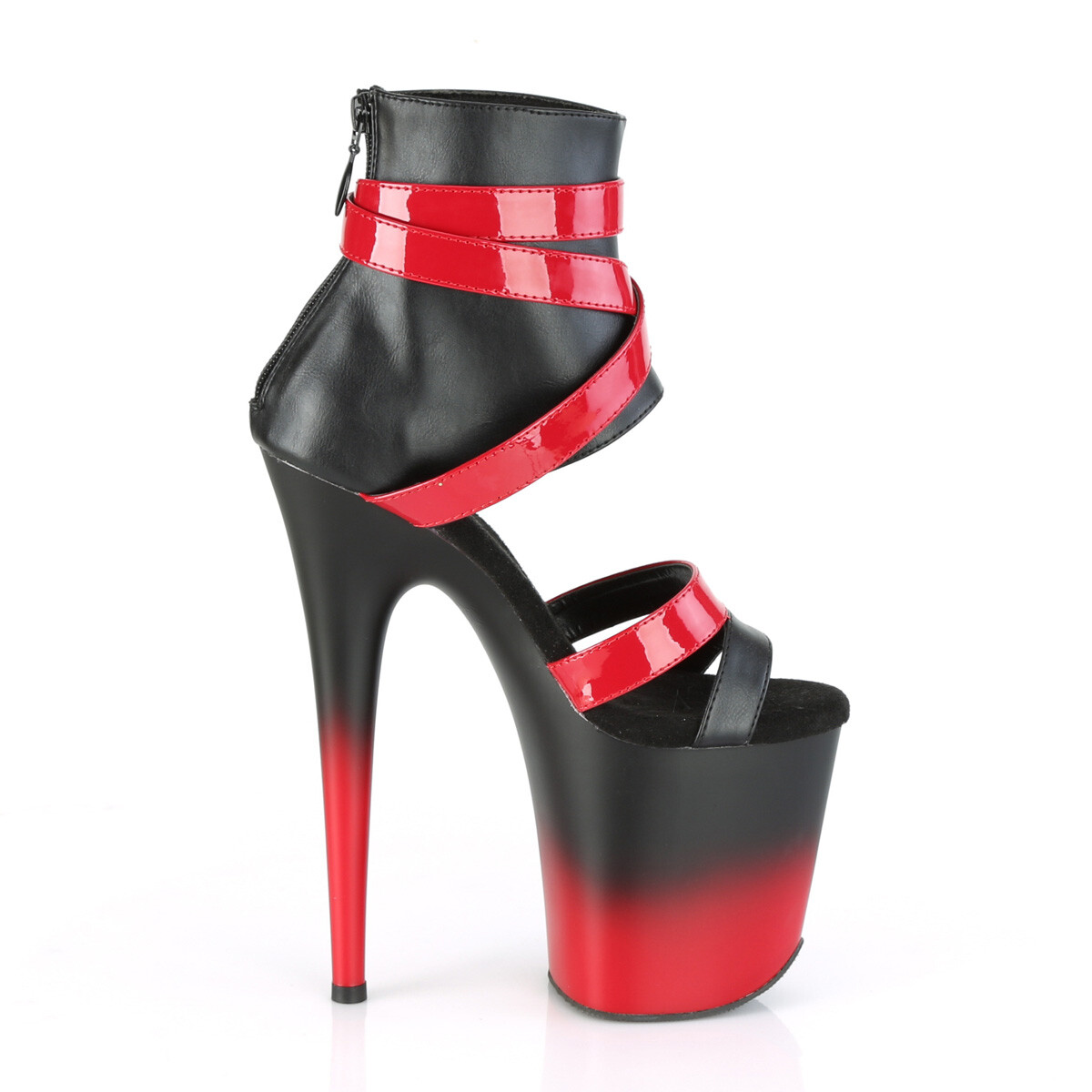BLACK & RED 8″ HEEL PF SANDAL-CRISSCROSS STRAPS-ZIPS Woman Sz 5 6 7 8 9 10 11 12