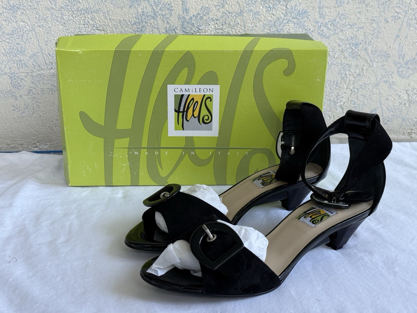NEW Camileon Heels 1811 Mariella Black Suede Patent Leather Sandals Euro 37 6.5