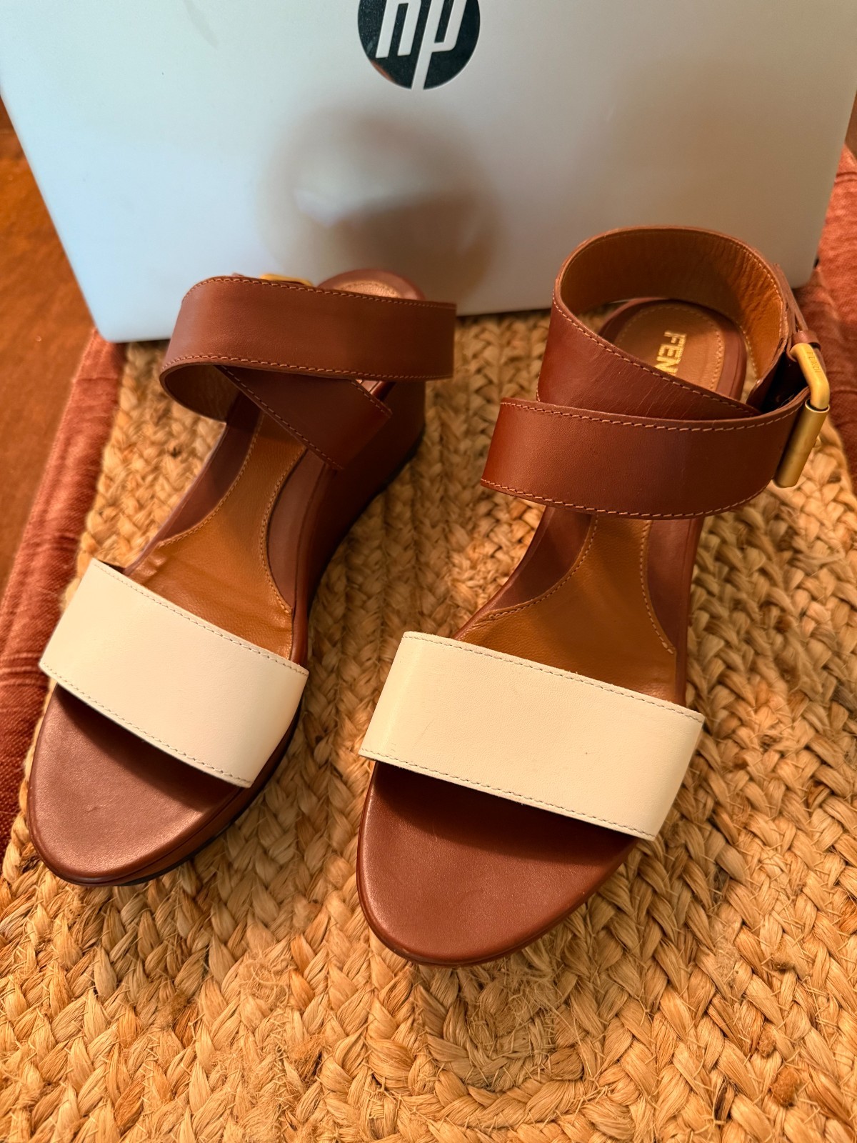 FENDI Two-tone Brown White Leather Platform Wedge Sandals Designer Clean 9/39