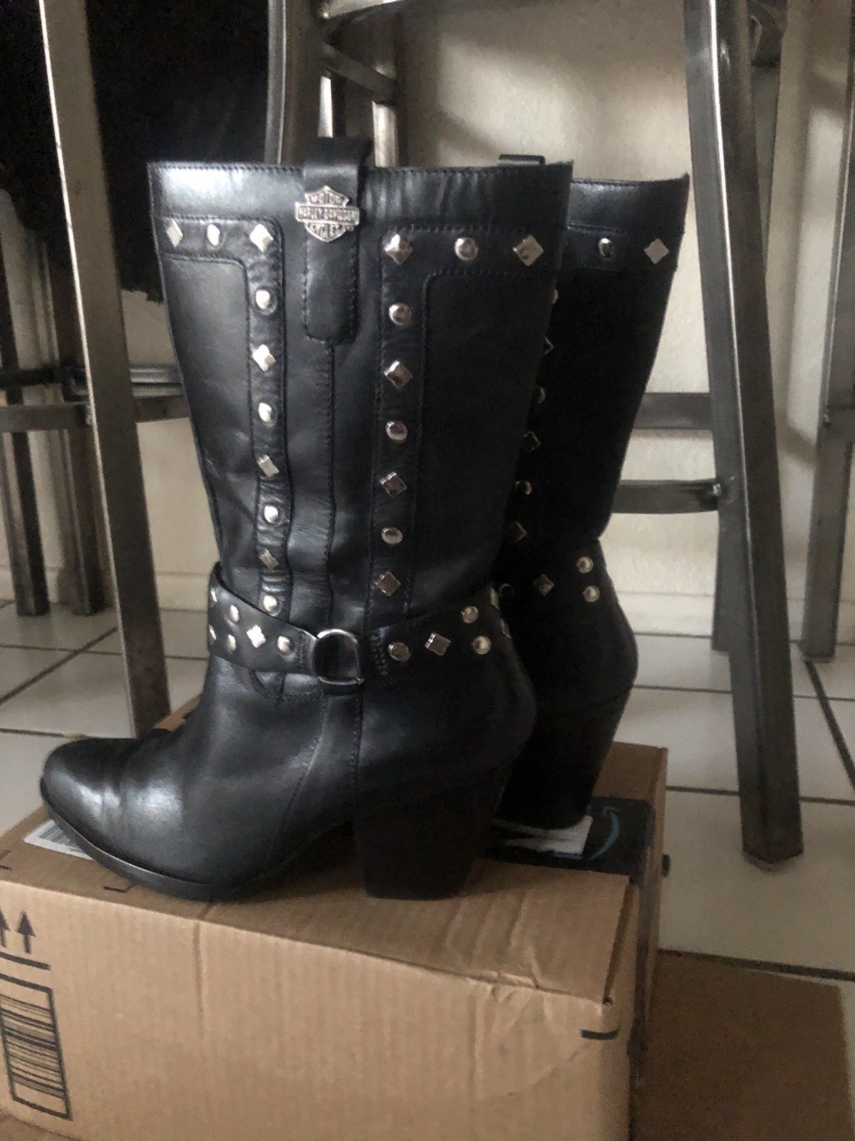 Harley Davidson Western Studded Cowboy Boots Womens 8 Black Logo Zipper Leather