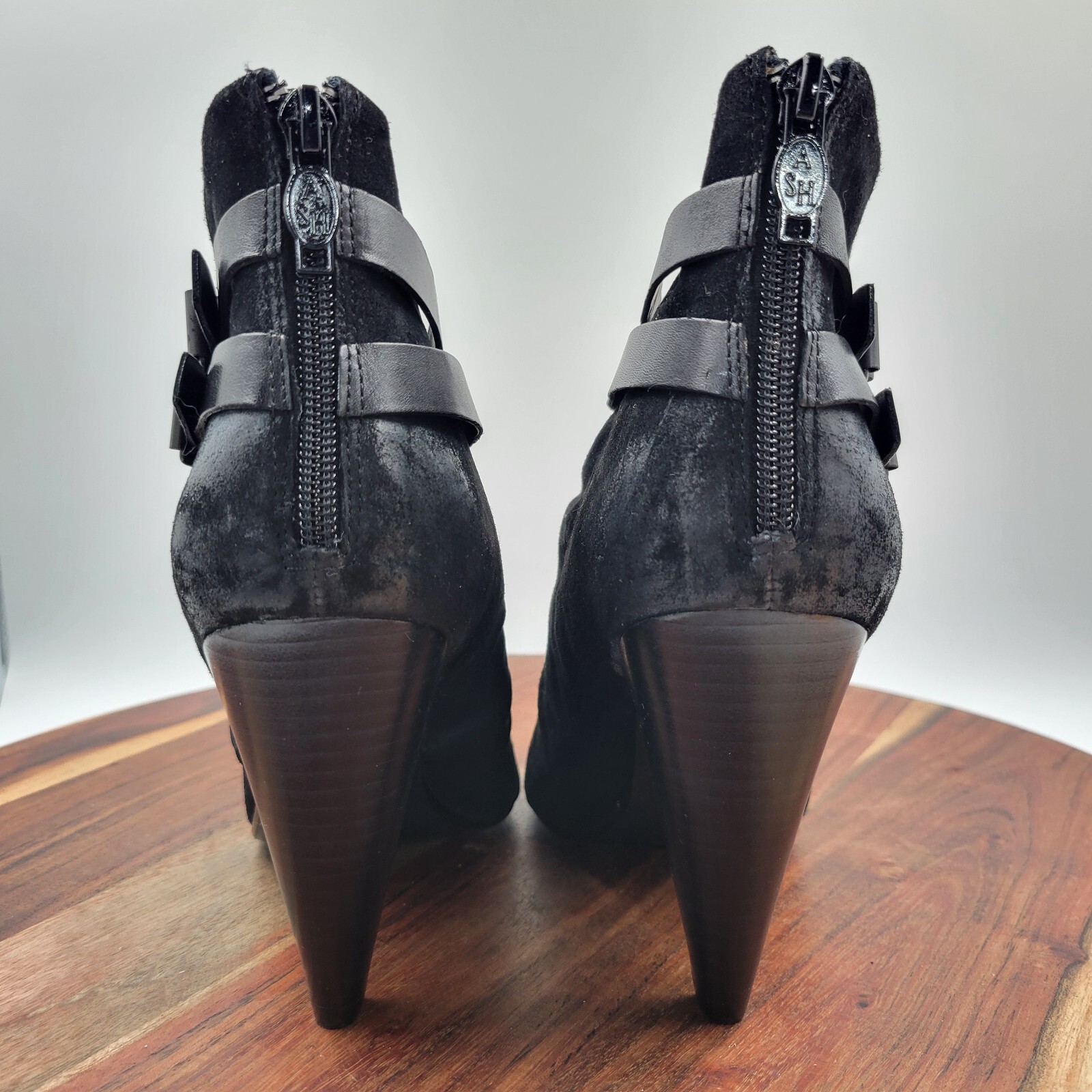 ASH Ankle Boots Womens 40 / 9.5 Black Suede Buckle Strap Heel Pointed Zip Bootie