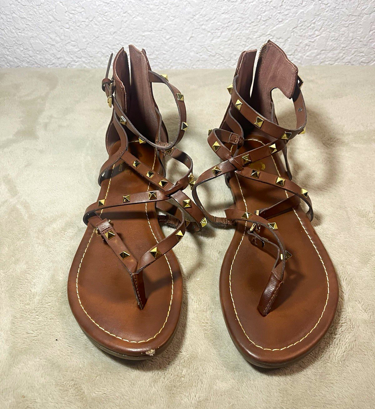 GBG Women’s Brown Strappy Studded Ankle Strap Zip Faux Leather Sandals 9