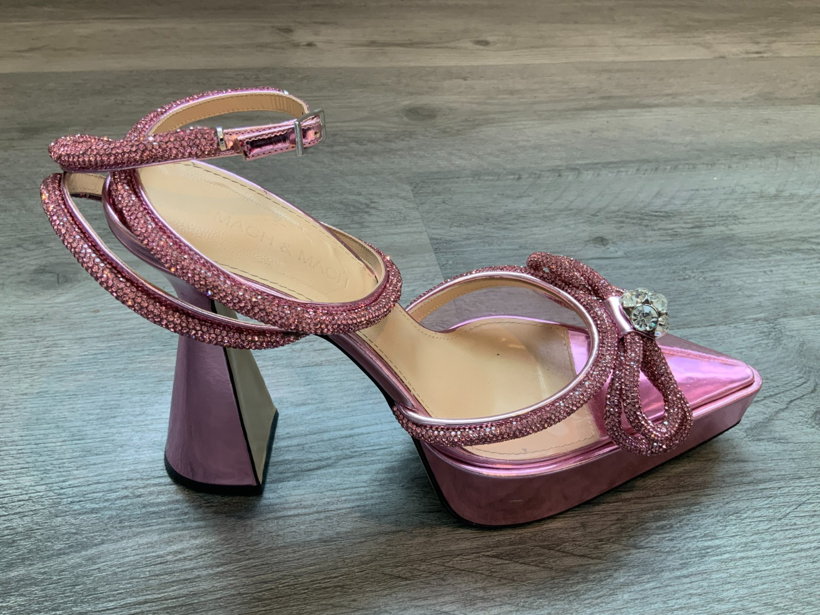 Mach & Mach Pink Double Crystal Bow Platform Pumps, Size 40 | 10
