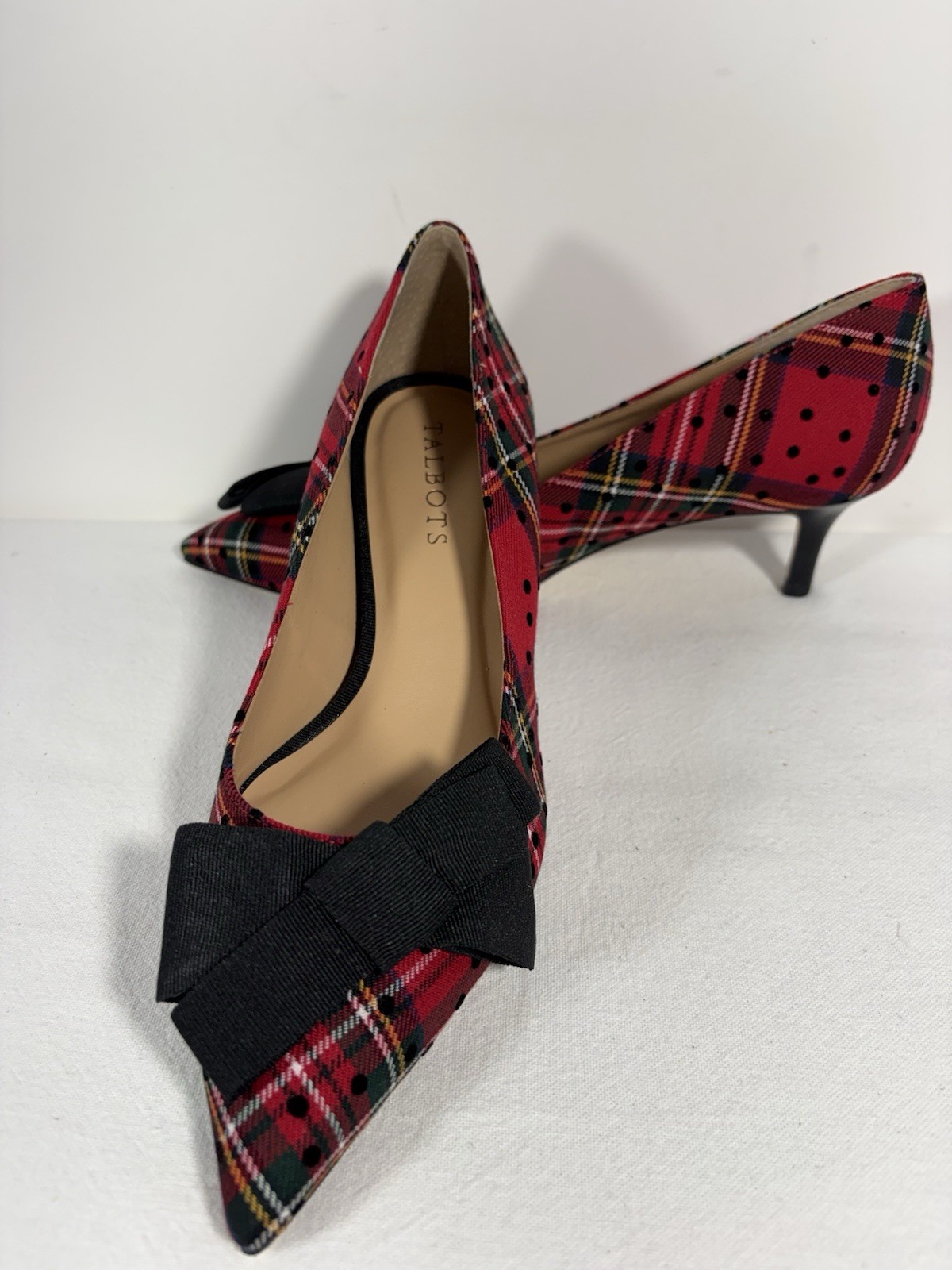 NIB Talbots ERICA Red Tartan Plaid/Bow Kitten Heel Pumps 7 M