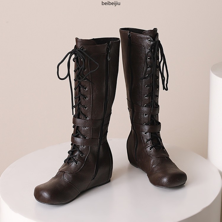 Women’s Mid Calf Hidden Wedge Heel Boots Lace Up Buckle Casual Shoes 48/49/50