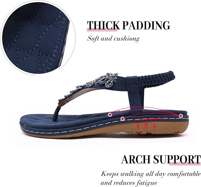 Women’s Boho Rhinestone Flat Thong Sandals Navy Blue Dressy Beach Flip Flop Mule