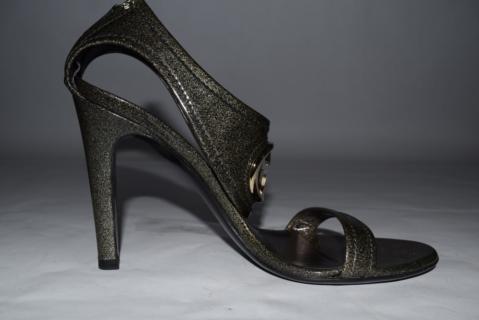 Vintage Gucci Glitter Logo Double G’s Leather Heels sz 38.5/8.5 Anthracite Black