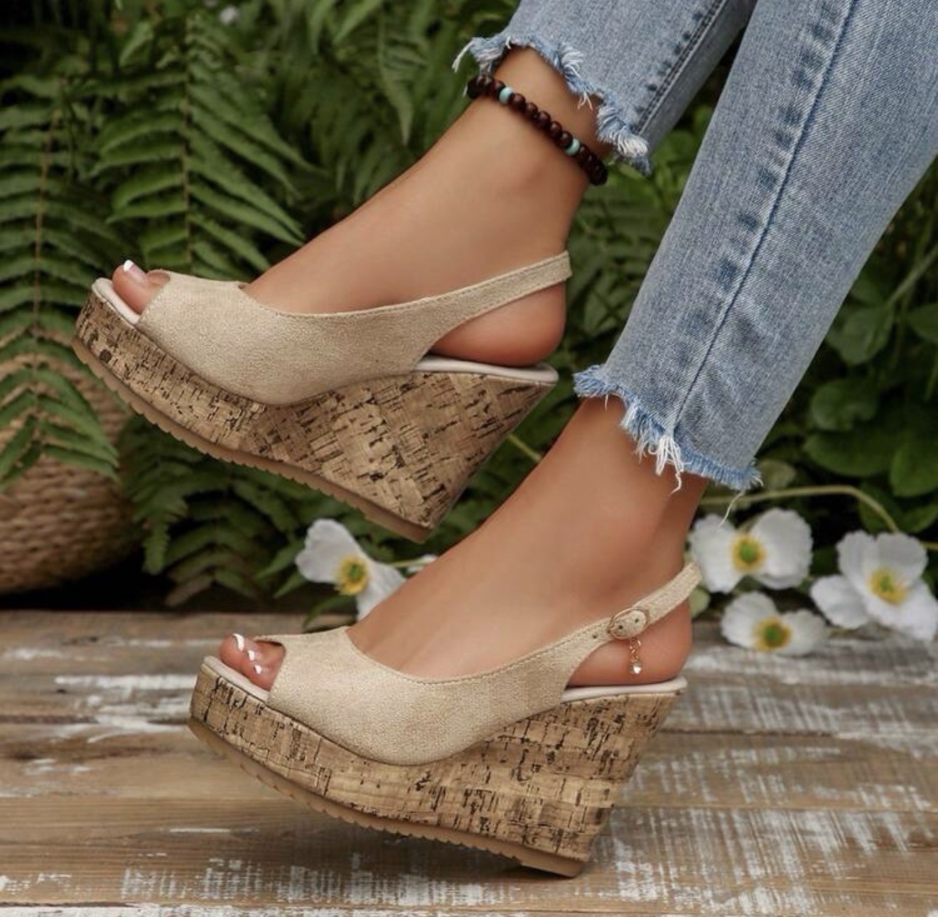 Women’s Beige Peep Toe Slingback Cork Look Platform Wedge Sandals Buckle 10in