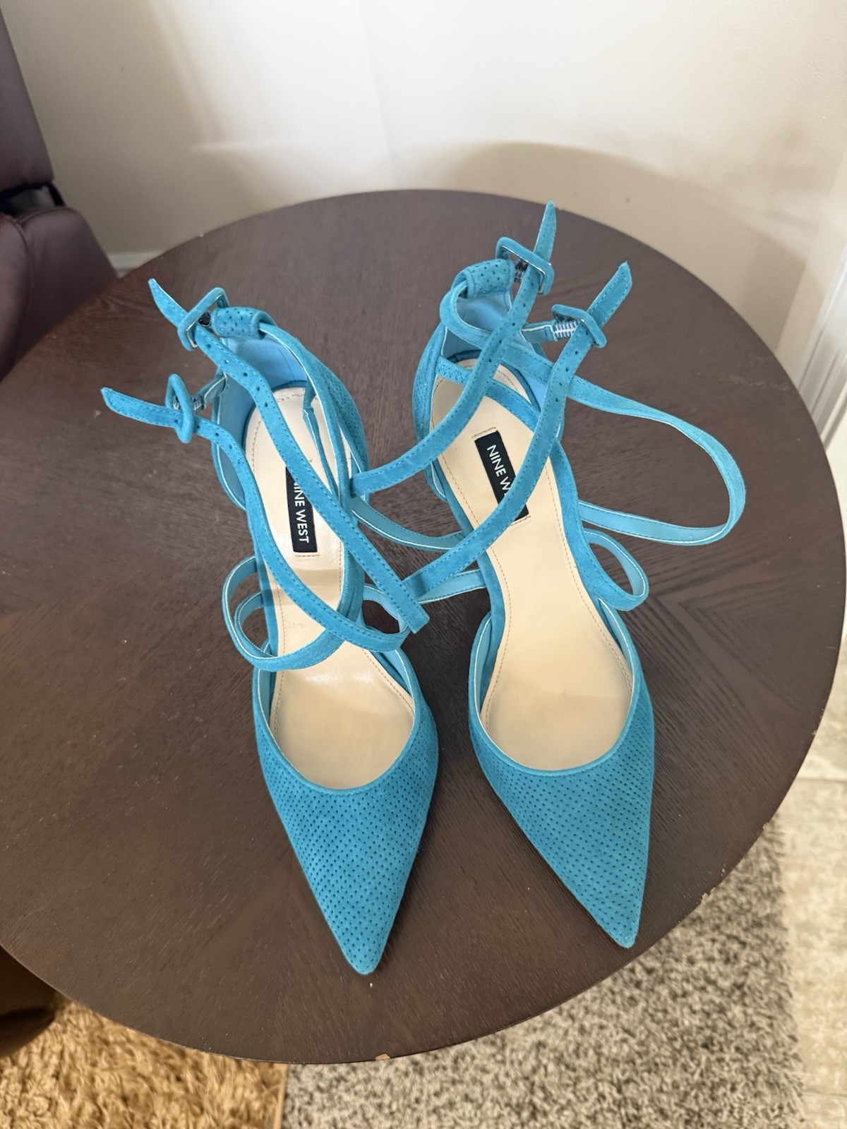 Nine West Blue Suede Strappy Ankle Strap Pointed Toe Stiletto Heels 9M