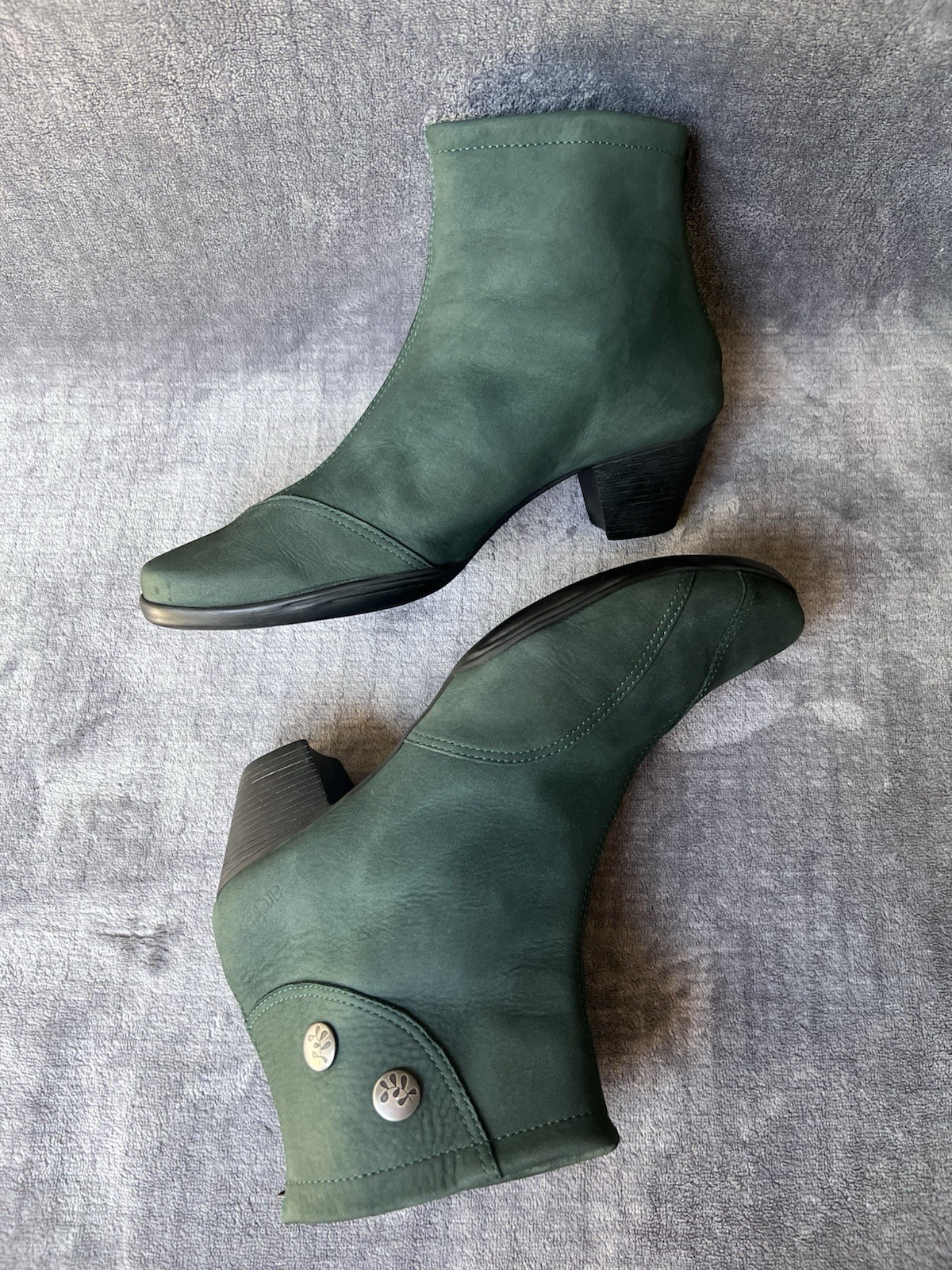 Arche Leather Ankle Boots Sz 40 , 9 Green Nubuck Stacked Heel Back Zipper France