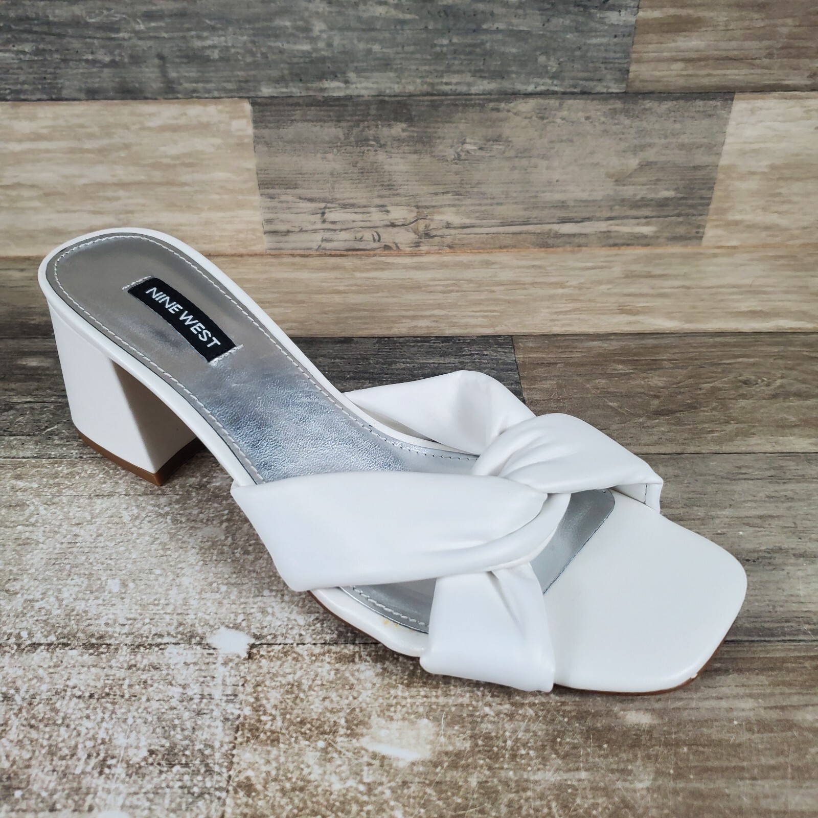 Nine West Gather 3 Womens Sandals Sz 9 M White Leather Square Toe Block Heel