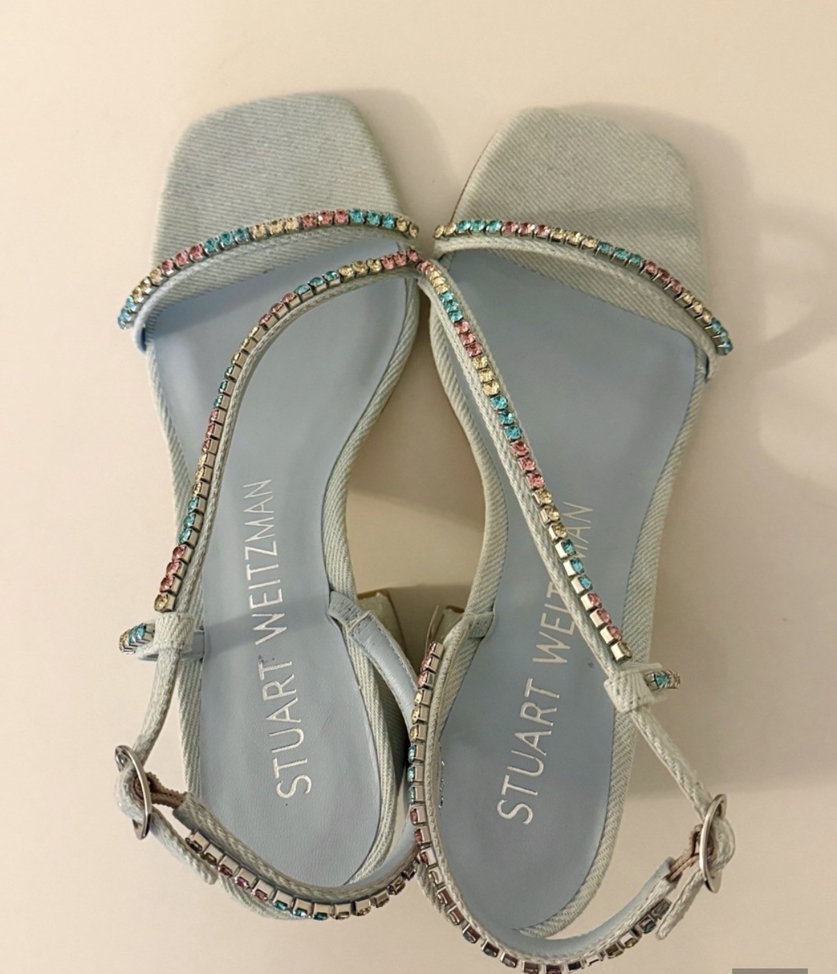 $575 Stuart Weitzman Women’s Blue Soiree Crystal 85 Block Sandal Shoes Size 9