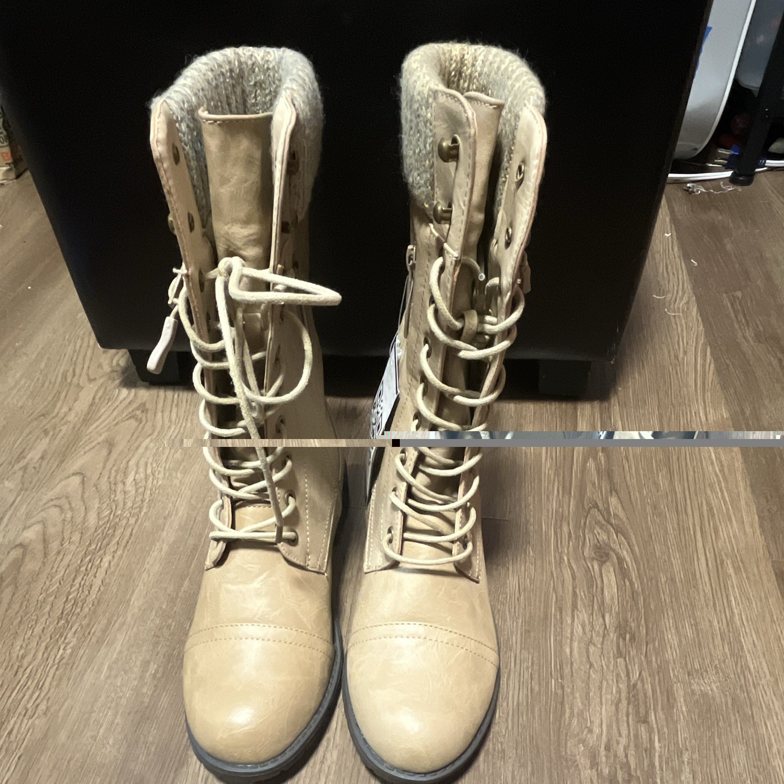 daily shoes Women’s Beige faux leather Combat Lace-Up Mid-Calf Round Toe 7.5