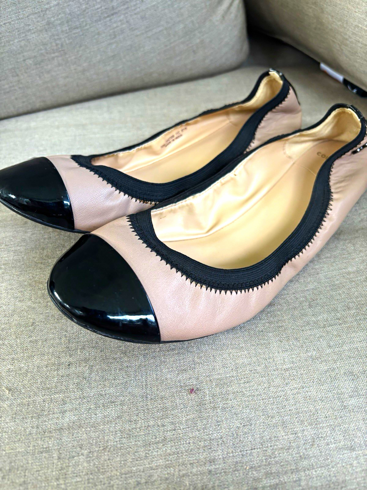 Cole Haan Women’s Ballet Flats Cap Toe Leather Slip-On Beige/Black 10 B