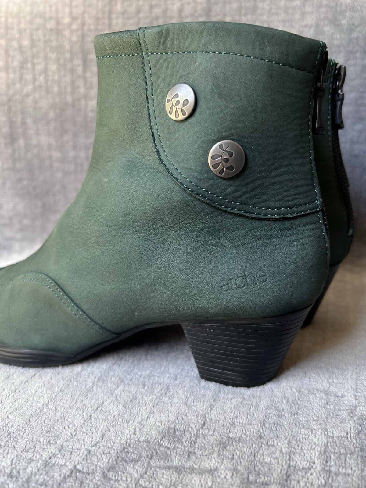 Arche Leather Ankle Boots Sz 40 , 9 Green Nubuck Stacked Heel Back Zipper France