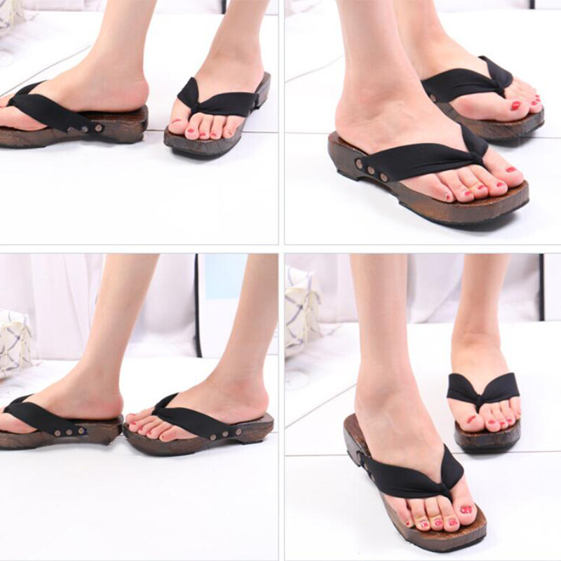 3.5cm Heel Geta Japanese Clogs Slippers Wooden Flip-flops Soild Color Costume US
