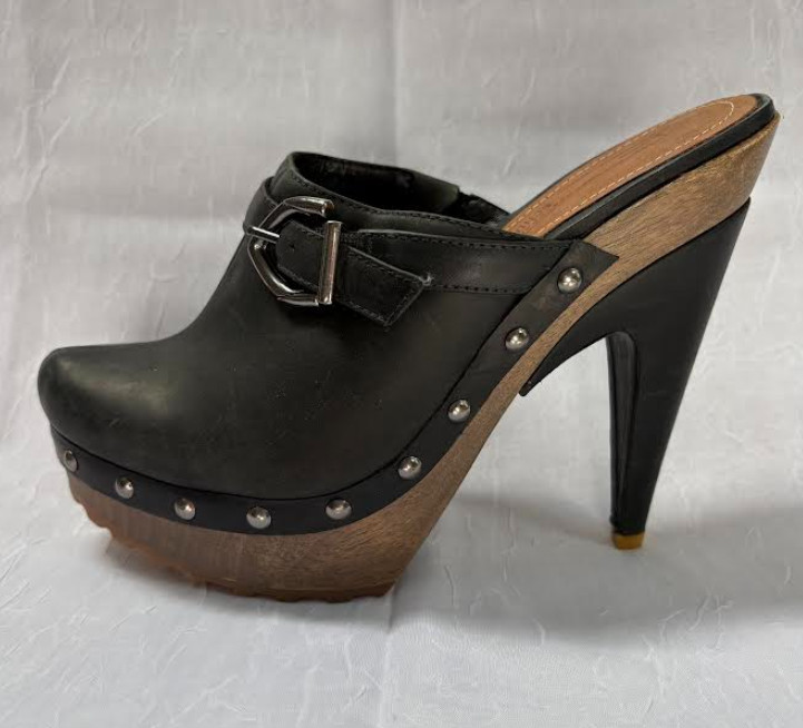 Schultz Platform High Heel Clog Mule, Black Leather, Size 37 (US 7)