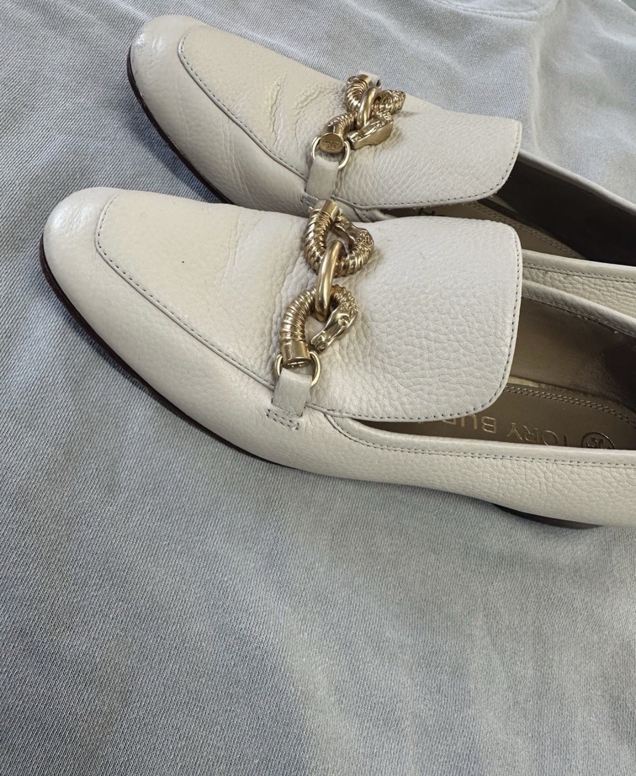 👓Tory Burch Jessa 100% Leather Loafers Light Cream/Gold Women’s 8.5 Horsehead