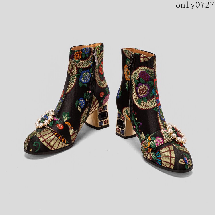Women’s Ankle Boots Rhinestone Mid Chunky Heel Side Zip Embroidered Shoes Hot