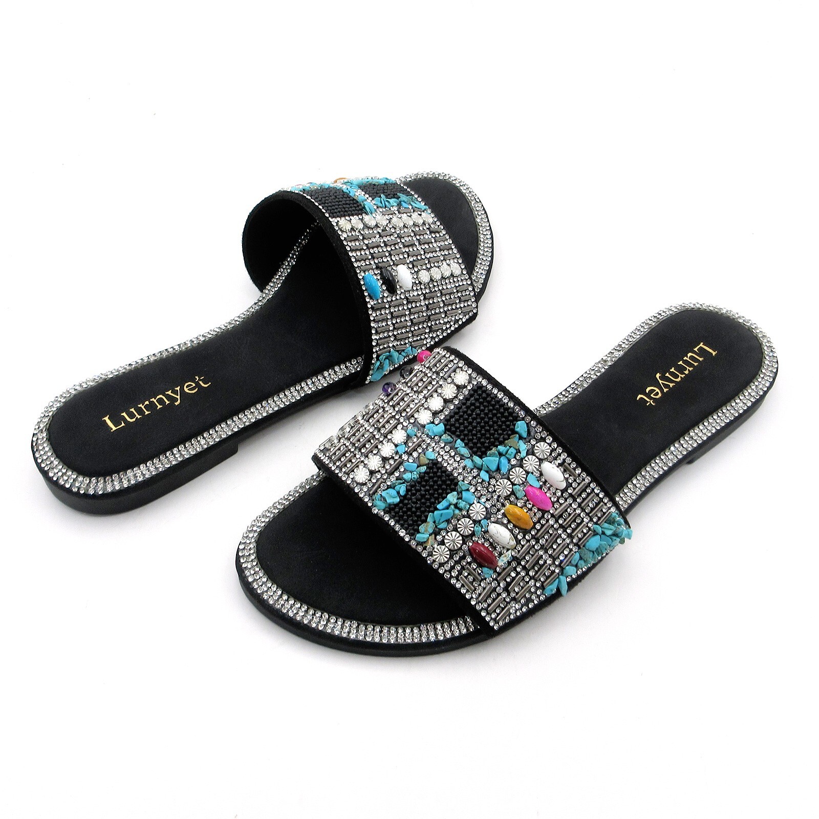 Women’s Bohemian Slide Sandals Beaded Crystal Embellished Rhinestone Trim
