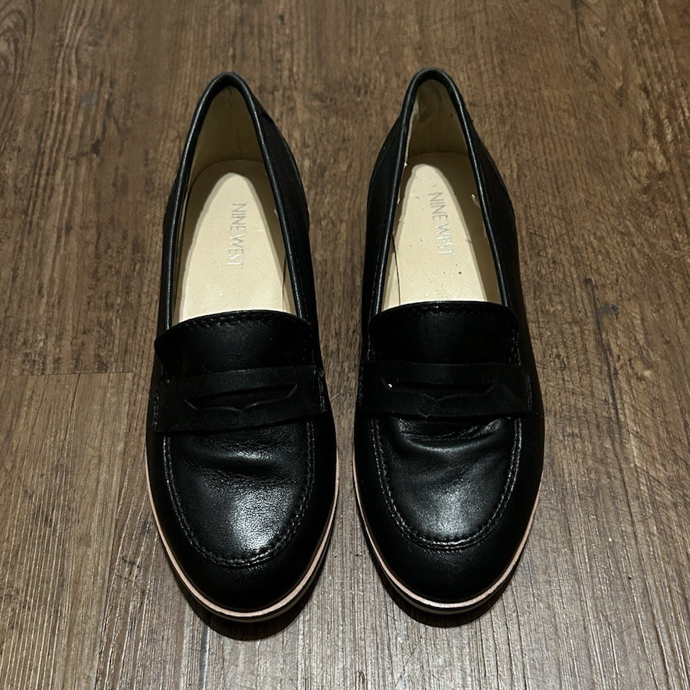 Nine West Women’s Black Leather Comfort Loafer Flats Round Toe Slip On US 6