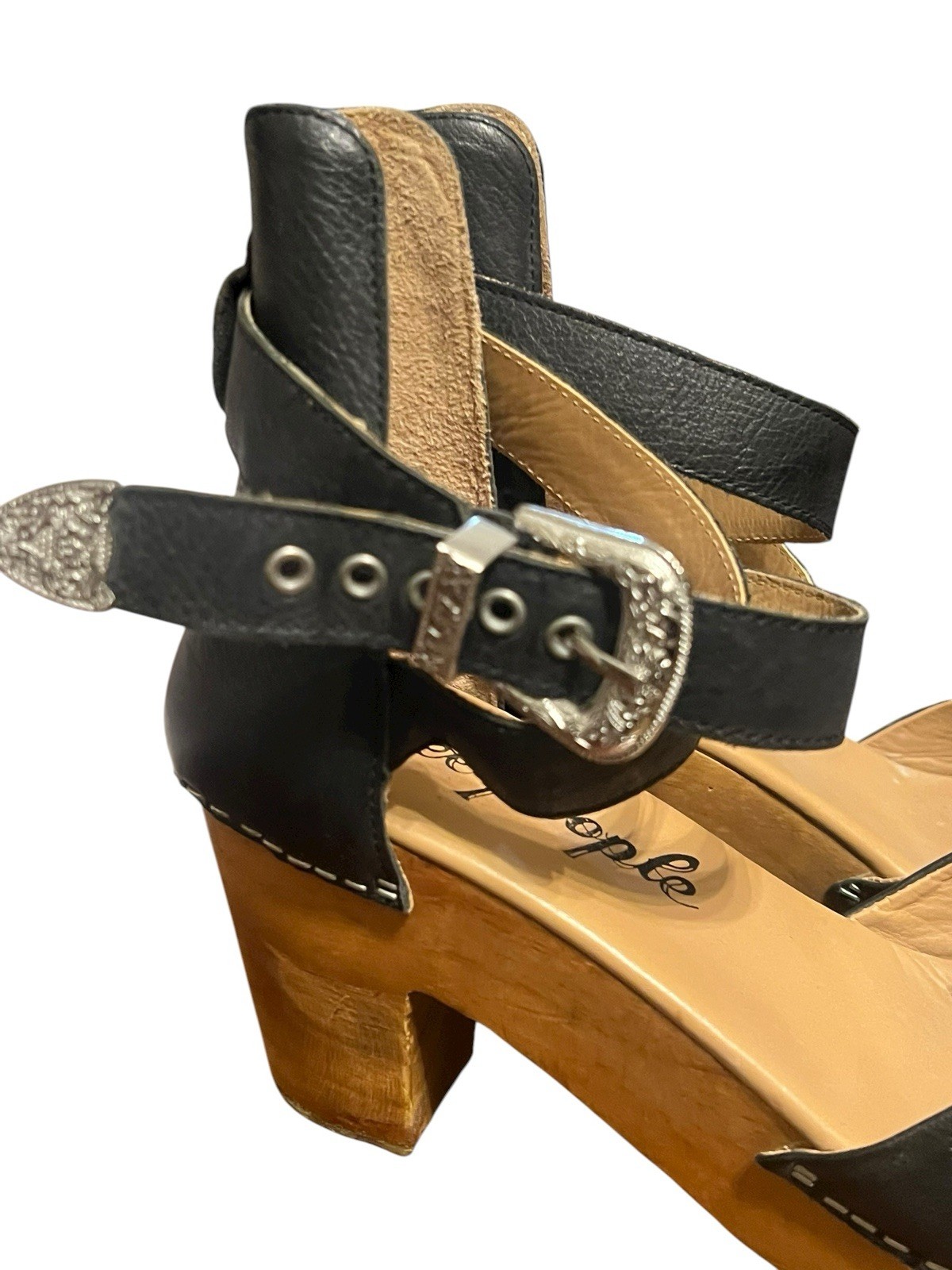 Free People Sz 39/ US 8.5Andora Black Leather Wood Platform Clogs Western Buckle