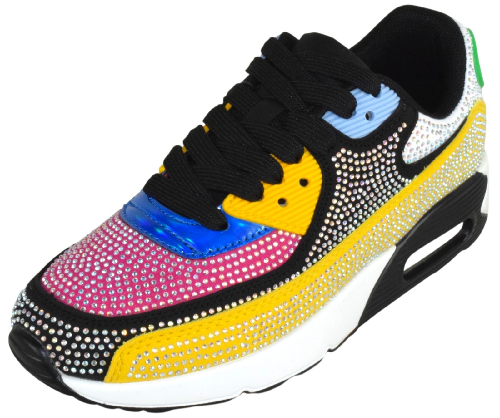 Berness Women Rhinestone Sneakers Colorful Chunky Bling Lace QUEEN Multi Black