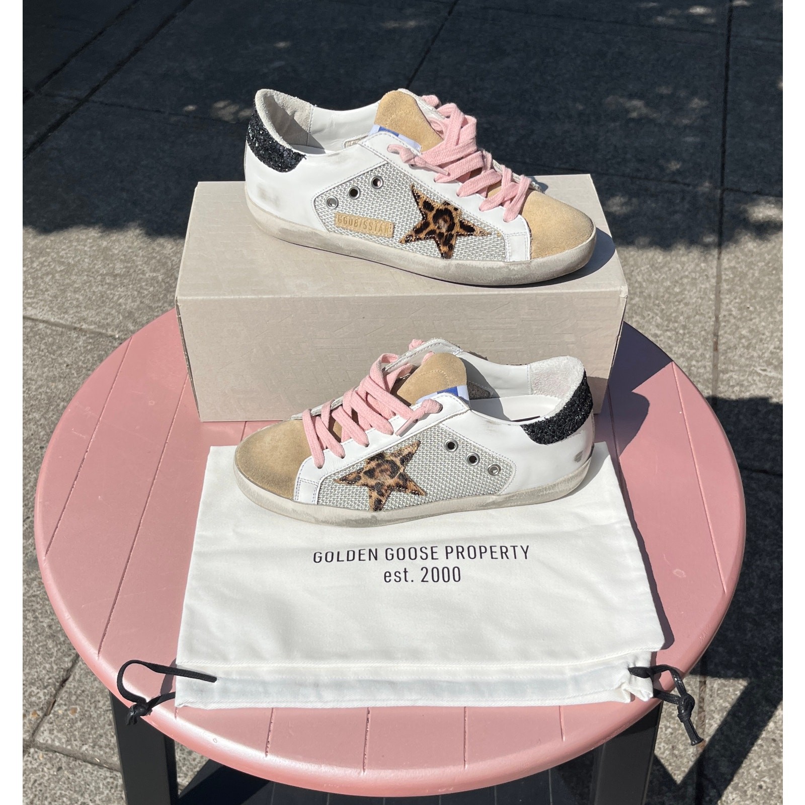 GOLDEN GOOSE White Superstar Leopard Horsy Star Glitter Heel Shoes w/Box Size 36