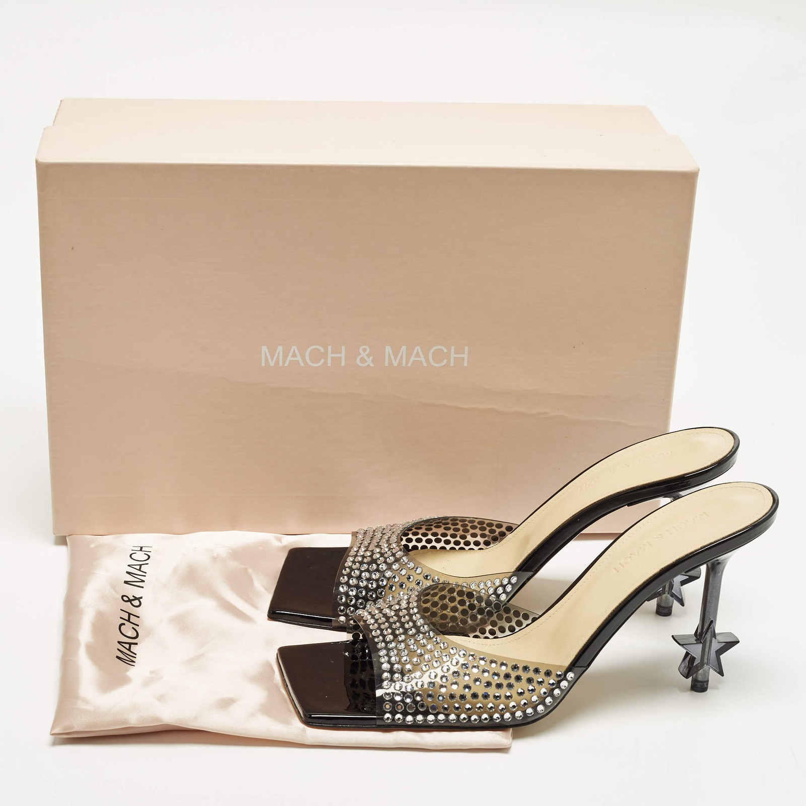 Mach Mach Star Size 39 Black PVC Crystal Embellished Slide Sandals