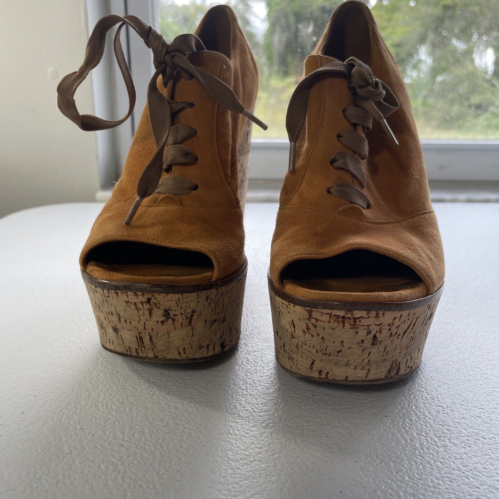 Gianvito Rossi Suede Cork Open Toe Lace Up Platform Shoes Orange/Beige Womens 37