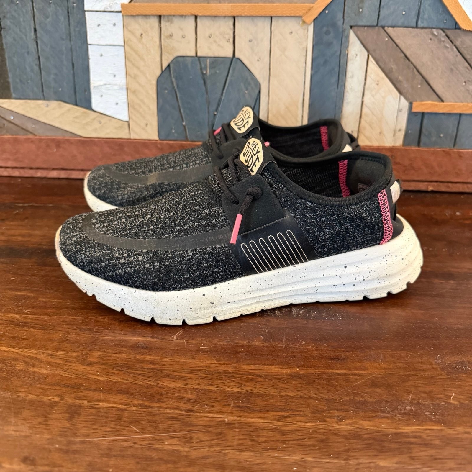 Hey Dude Women’s Sirocco Sport Stripe Slip On Sneakers Black Pink Size W6