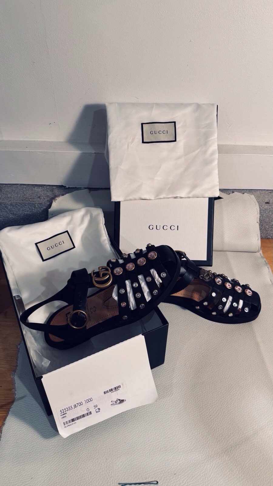 Gucci Marmont Crystals Bezel Cage Fisherman GG Feline Head Rubber Sandals 39 Bag