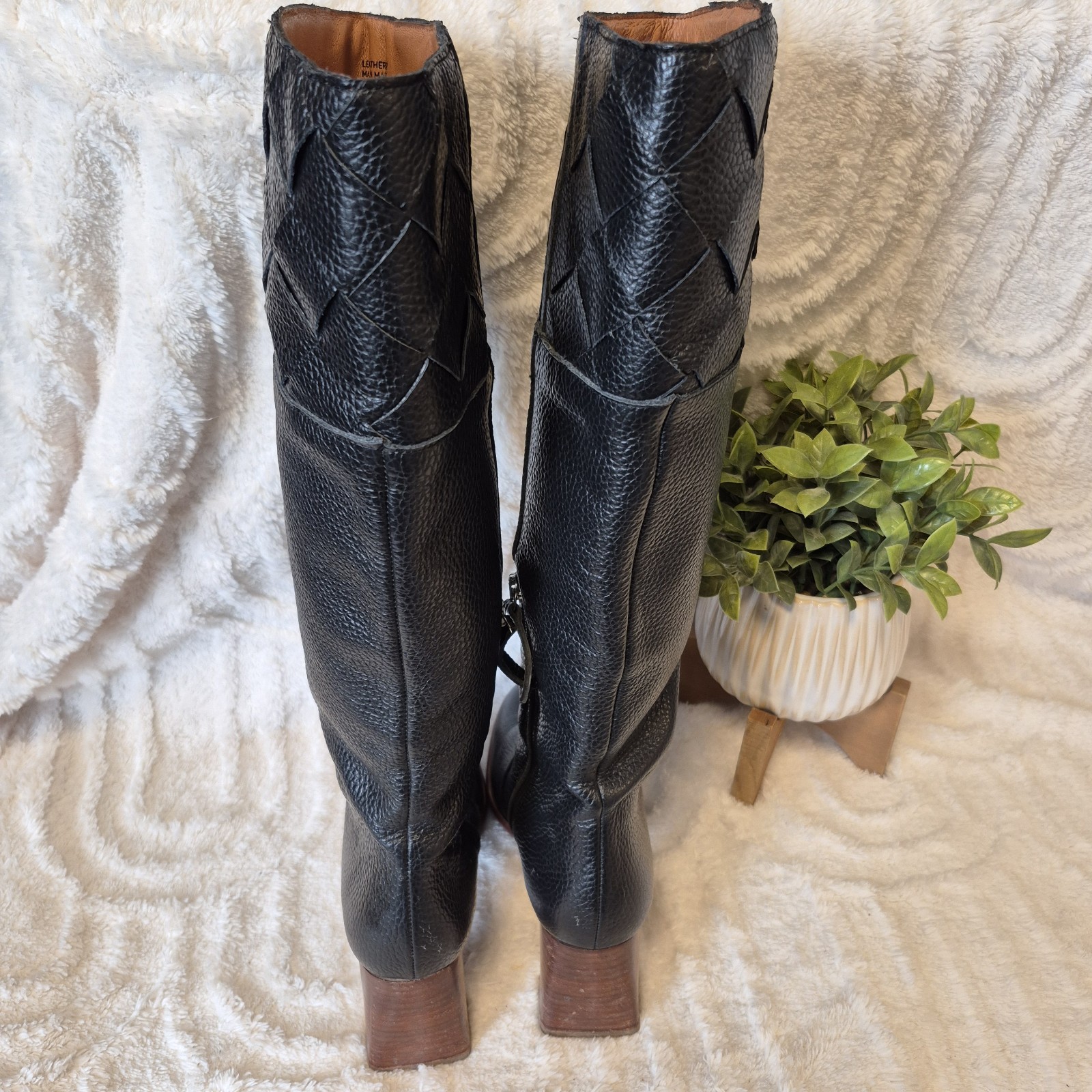 Anthropologie Angel Alarcon Riding Boots Black Woven Leather Cuero Heeled Sz 6.5