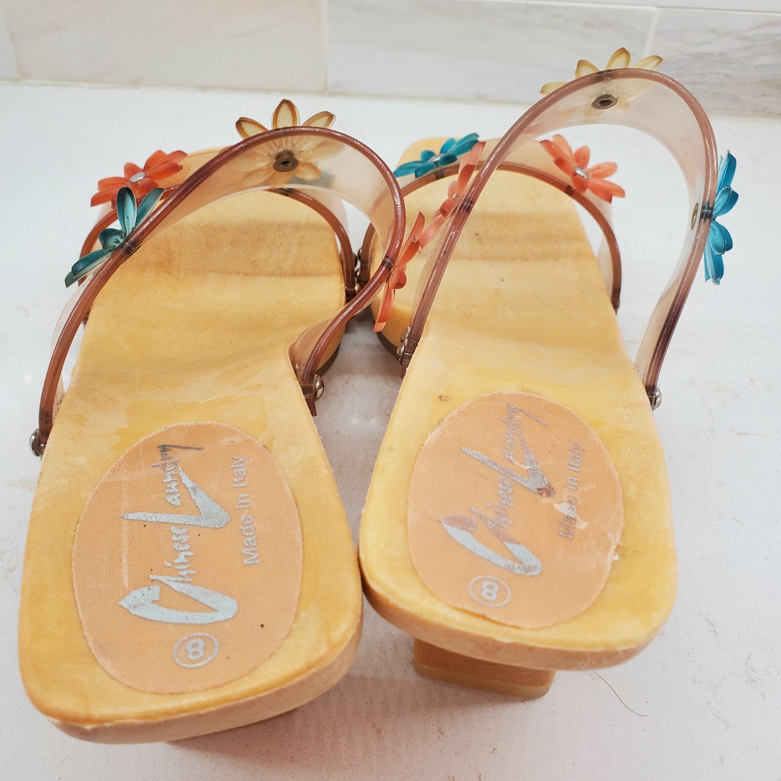 Chinese Laundry Slip-On Heels Clear Straps Jelly Flowers Rubber Platform Italian
