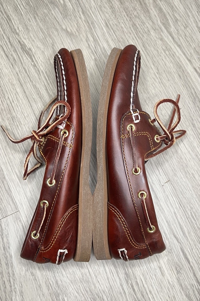 RARE Timberland Classic Boat Shoes Womens 6.5 M Dark Brown SCRIPT HEEL LOGO MINT
