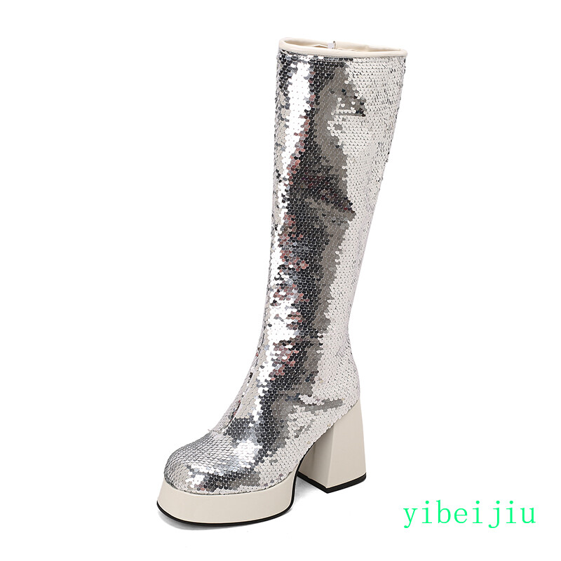 Women’s Knee High Sequins Block Heel Platform Boots Performance Dance Club Shoes