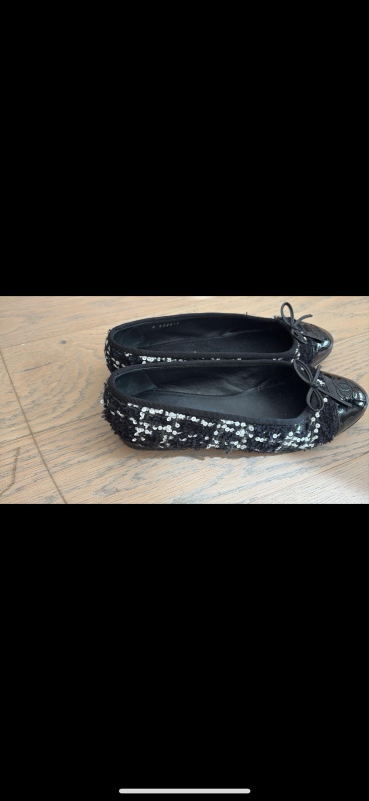 CHANEL Black Tweed Cap Toe Sequin Bow Logo Ballet Flats Slip On US 8.5