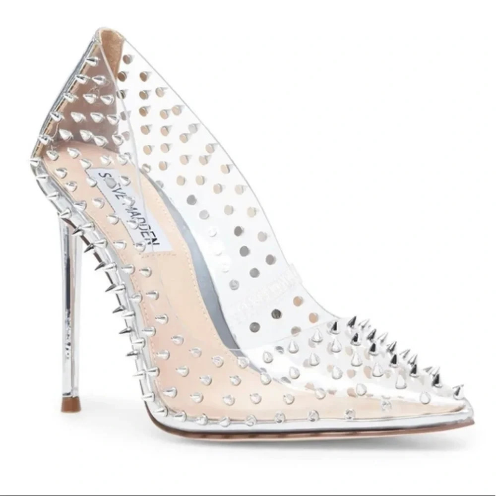 Worn Once- STEVE MADDEN- VALA SPIKE/SPIKED Clear Lucite Size 8 Stiletto Heels