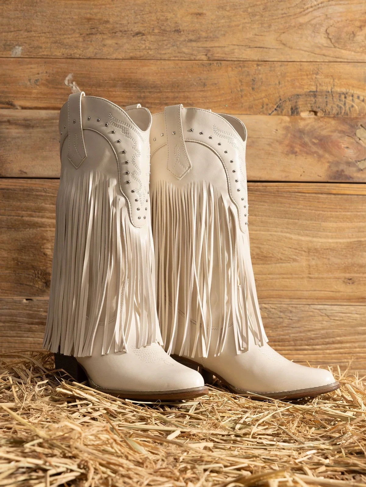 Women Western Cowgirl Boots Fringe Tassel Chunky Block Heel Mid Calf Retro Beige