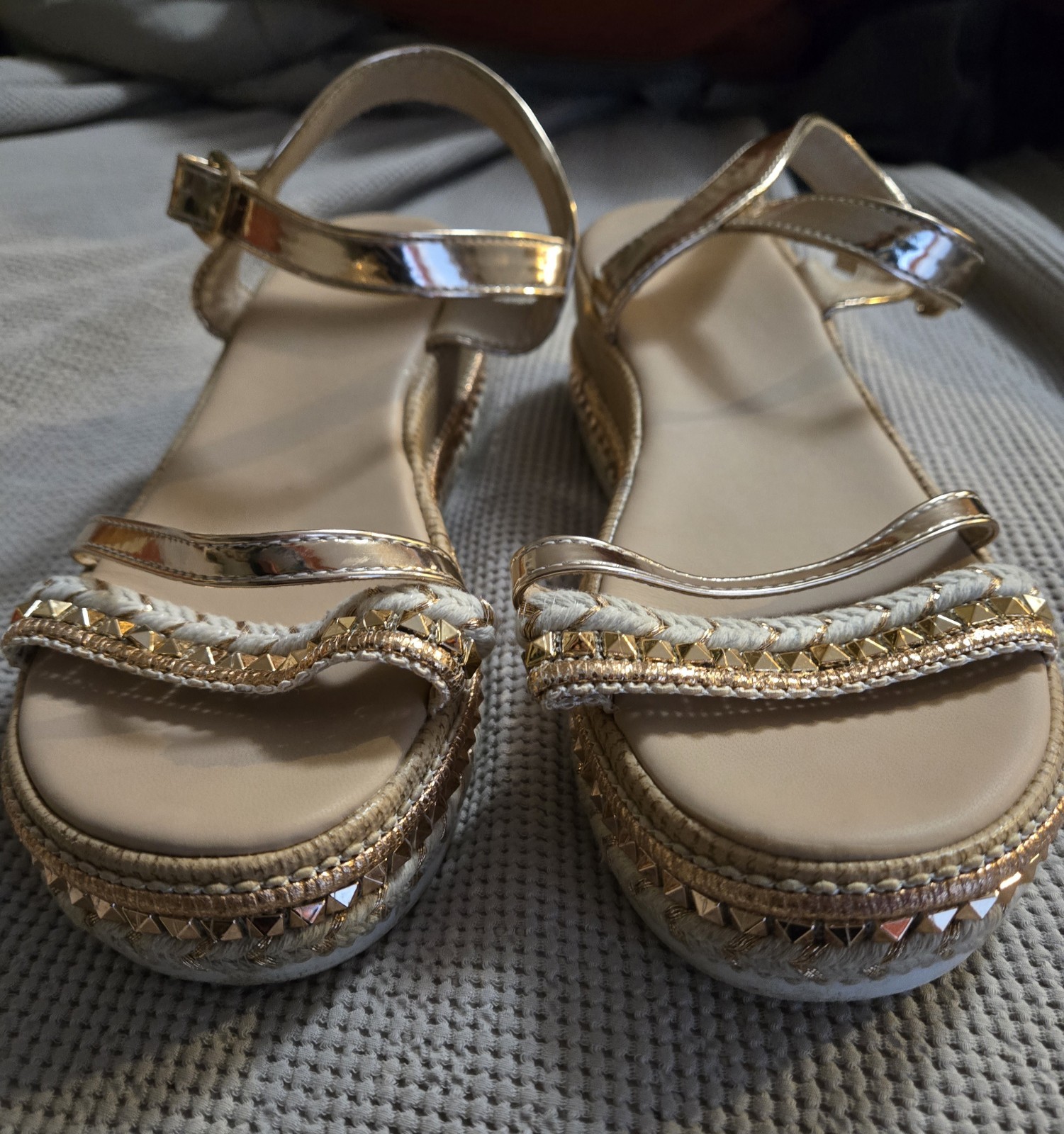 Women’s Size 8 Rose Gold Metallic Platform Sandals Braided Ankle Strap Sandals