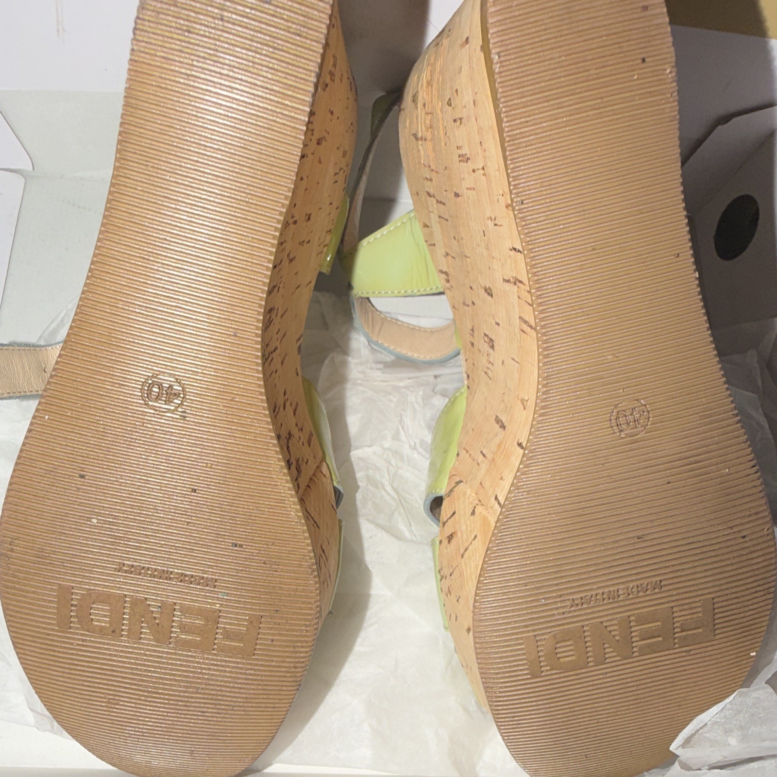Fendi Green Logo Cork Wedges Ankle Strap Buckle Womens Size Italy-40 W US 9-9.5