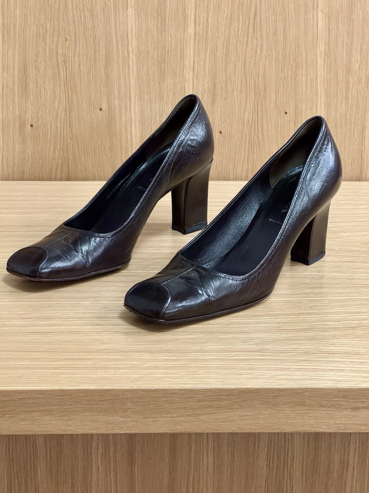 Prada Black Leather Square Toe Block Heel Pump, Women’s IT 36 / US 6, Y2K Shoes